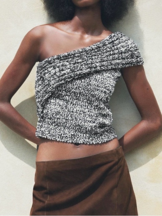Zara Tops - Zara Black & White Marled One-Shoulder Knit Crop Top
